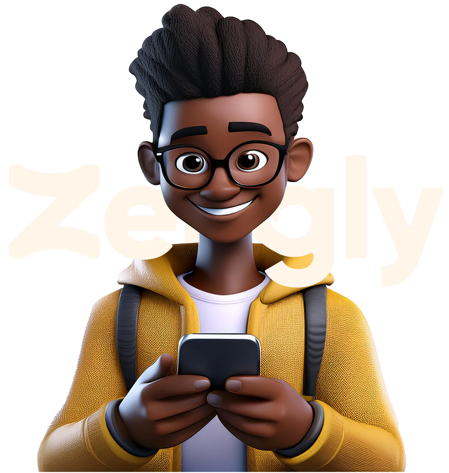 Le personnage Zengly souriant avec un téléphone en main