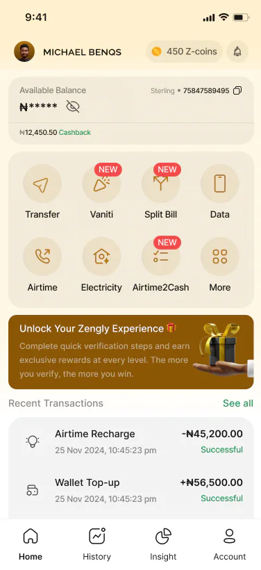 Zengly home interface showing balance, everyday services and recent transactions
