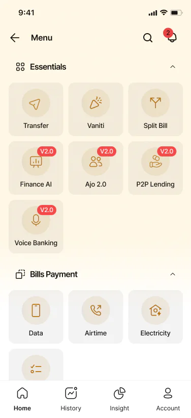 Zengly services menu interface