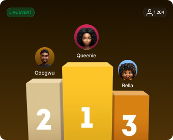 Vaniti live event leaderboard showing Queenie, Odogwu and Bella on the top-three podium