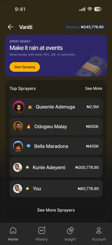 Interface Vaniti présentant l’action Spray Money et un classement des principaux participants